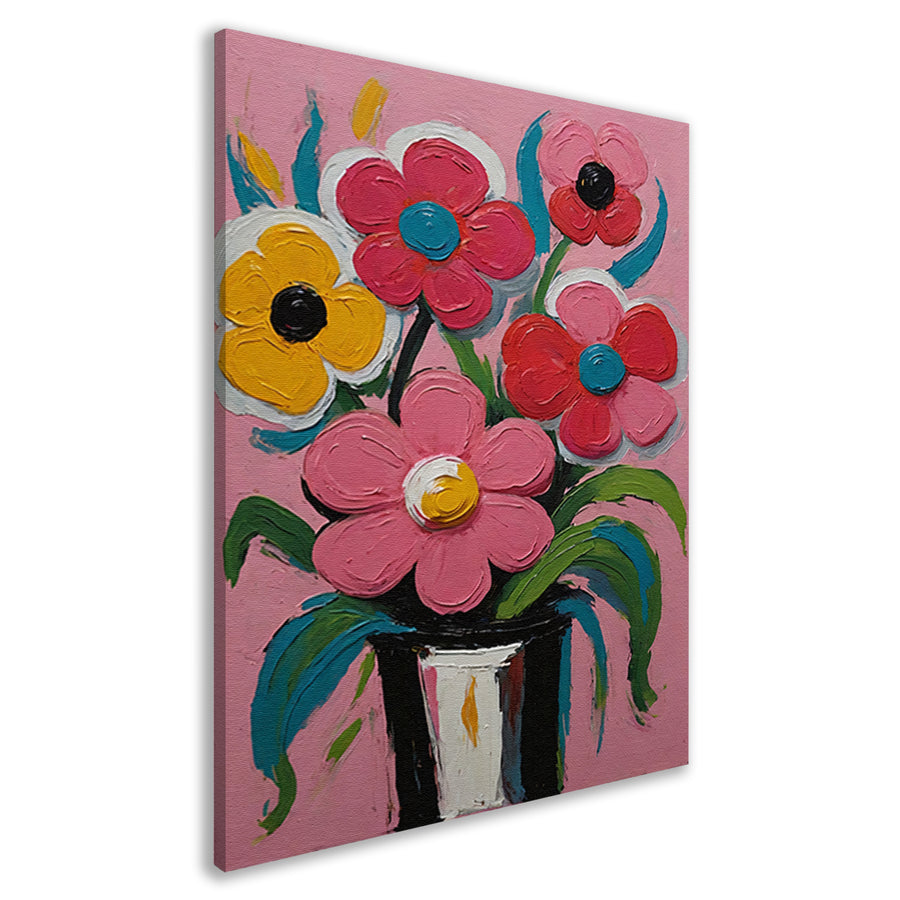 Kleurrijke Bloemen in Vaas op Roze Achtergrond canvas