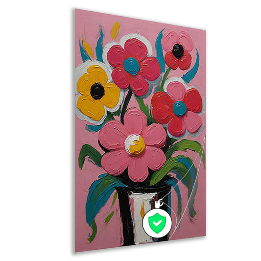 Kleurrijke Bloemen in Vaas op Roze Achtergrond poster