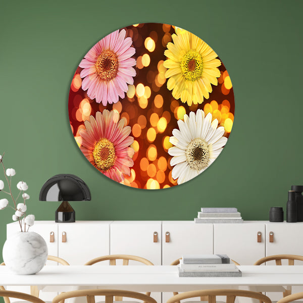 Kleurrijke bloemen met sprankelende lichten achtergrond aluminium muurcirkel