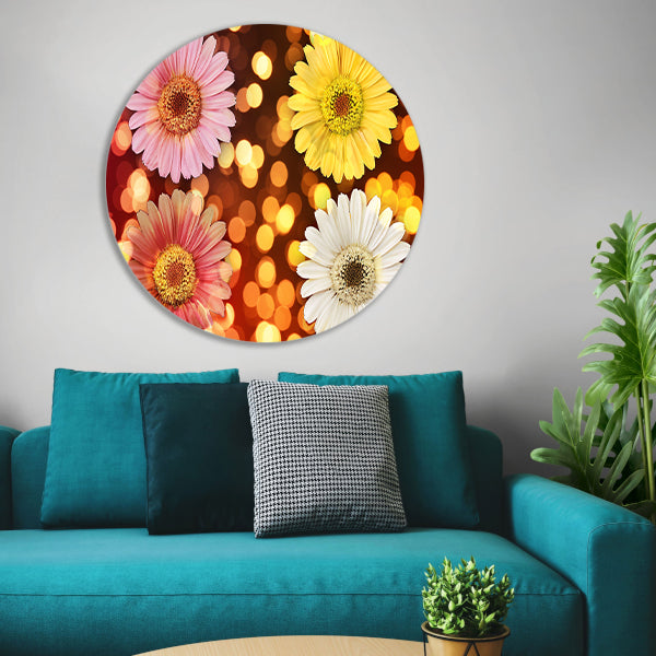 Kleurrijke bloemen met sprankelende lichten achtergrond aluminium muurcirkel