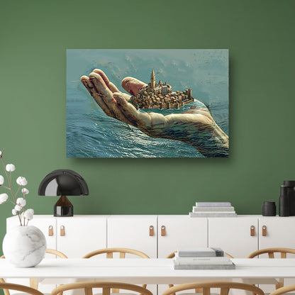 Stad gedragen door een gigantische hand acrylglas