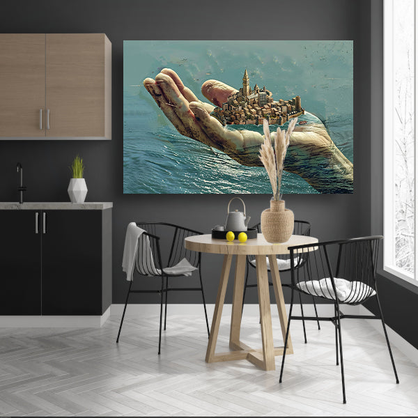Stad gedragen door een gigantische hand acrylglas