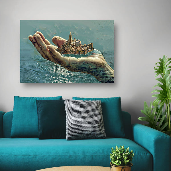 Stad gedragen door een gigantische hand canvas