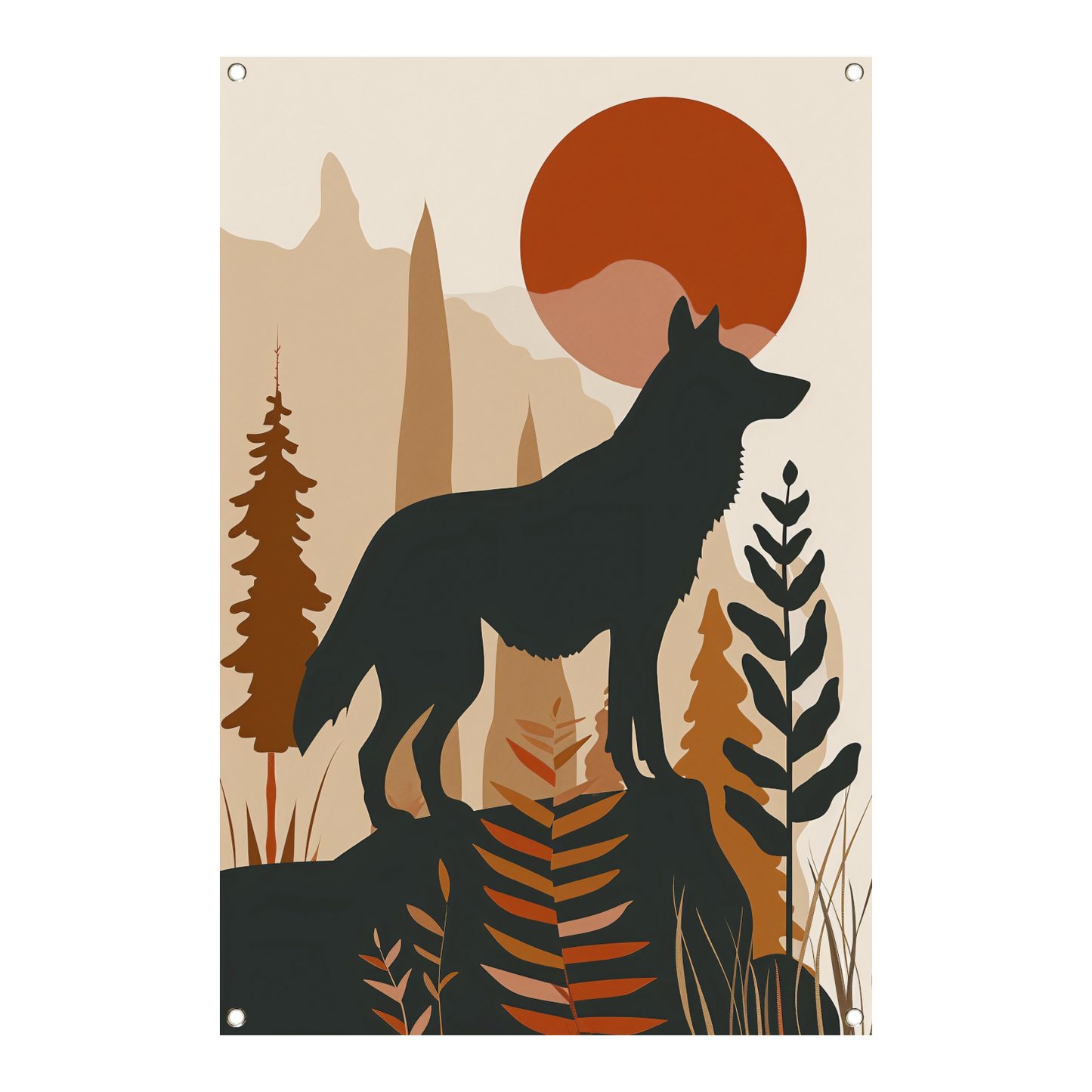 Stilistische wolf met zonsondergang in eenvoudige vormen tuinposter