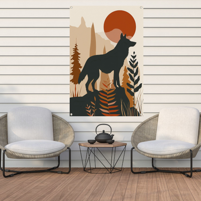 Stilistische wolf met zonsondergang in eenvoudige vormen tuinposter