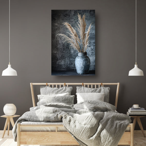Rustieke blauwe vaas met graanstengels tegen donkere achtergrond acrylglas