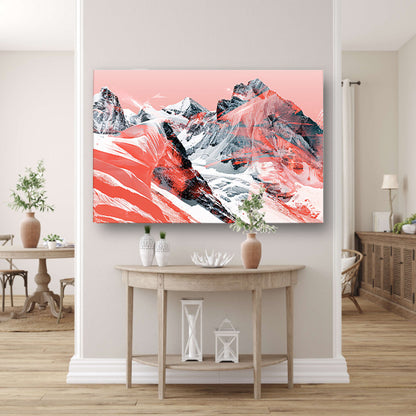 Abstracte schilderij van berglandschap in rood poster