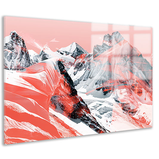 Abstracte schilderij van berglandschap in rood acrylglas