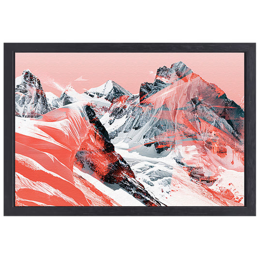 Abstracte schilderij van berglandschap in rood canvas met baklijst