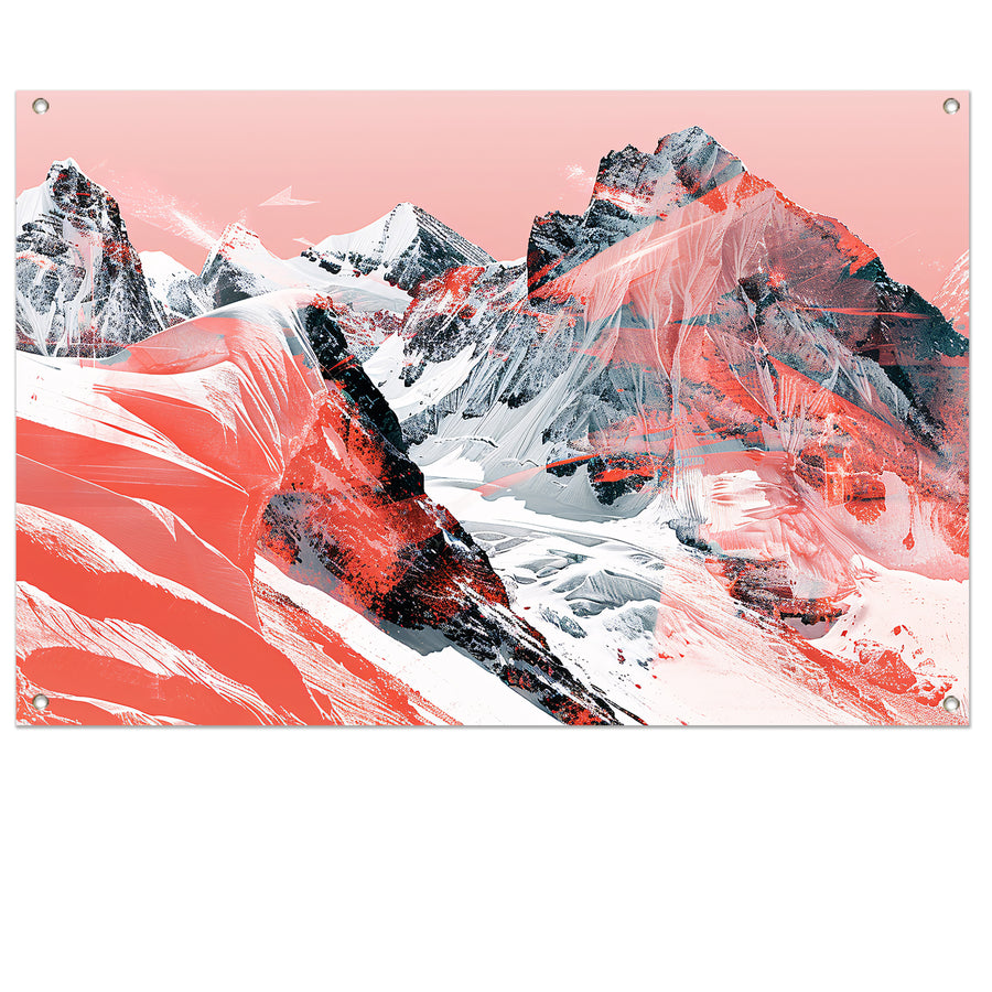 Abstracte schilderij van berglandschap in rood tuinposter