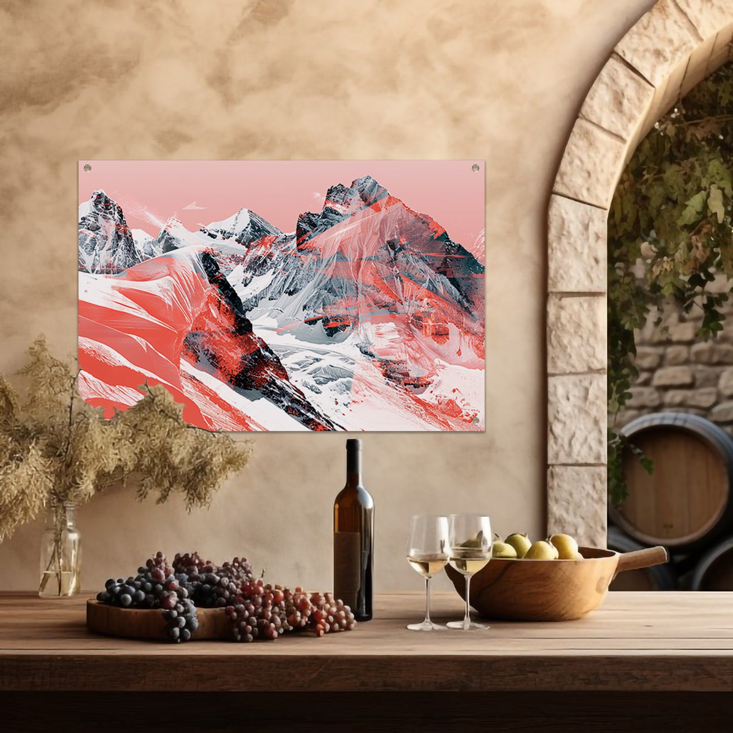 Abstracte schilderij van berglandschap in rood tuinposter