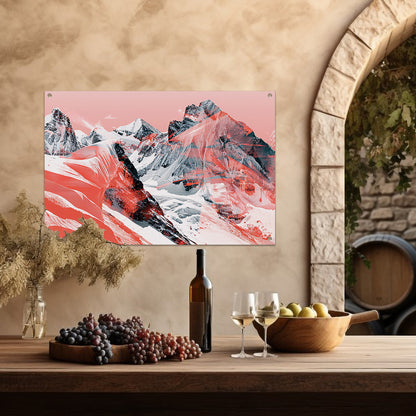 Abstracte schilderij van berglandschap in rood tuinposter