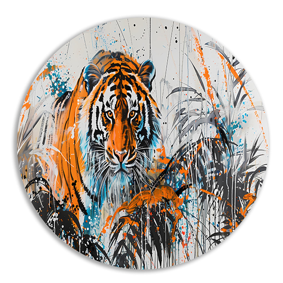 Dynamisch schilderij van tijger in kleur aluminium muurcirkel