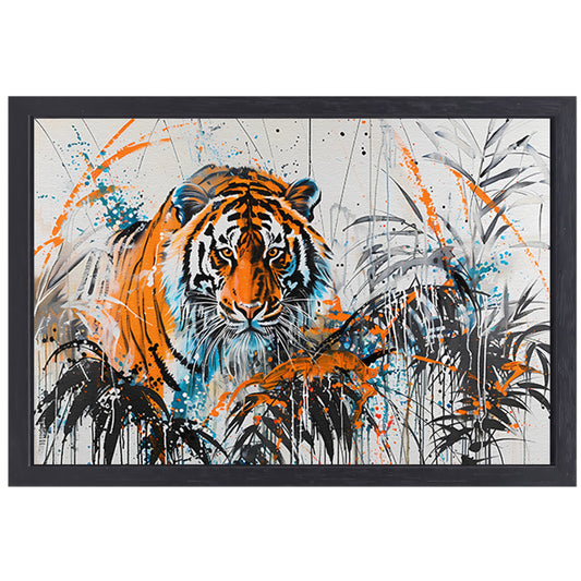 Dynamisch schilderij van tijger in kleur canvas met baklijst
