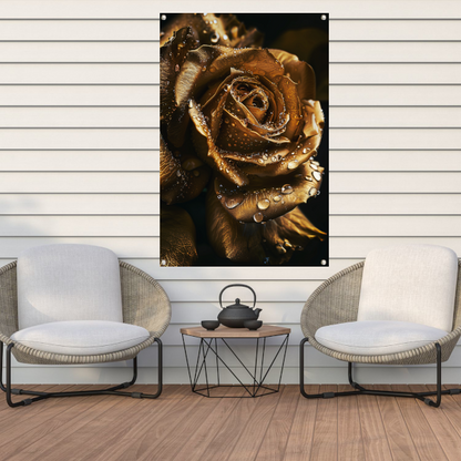 Betoverende gouden roos met ochtenddauw tuinposter