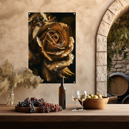 Betoverende gouden roos met ochtenddauw tuinposter