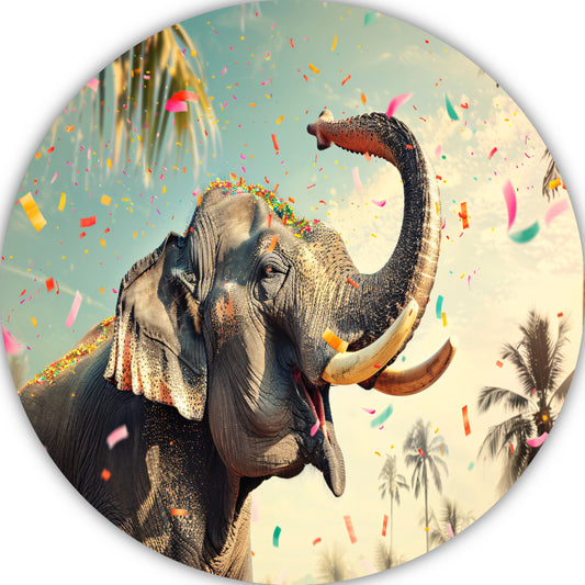 Popart Olifant met Confetti aluminium muurcirkel