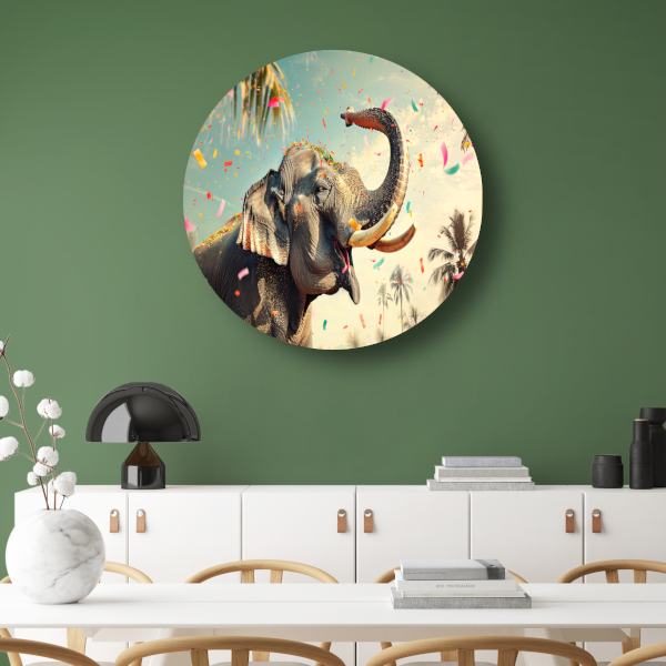 Popart Olifant met Confetti forex muurcirkel