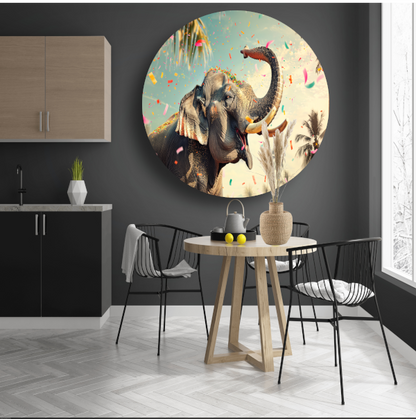 Popart Olifant met Confetti aluminium muurcirkel