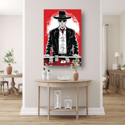 Stoere cowboy met pokerchips in zwart-wit canvas