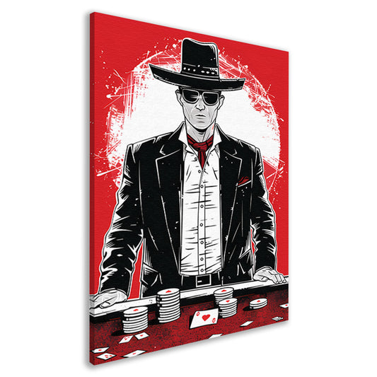 Stoere cowboy met pokerchips in zwart-wit canvas
