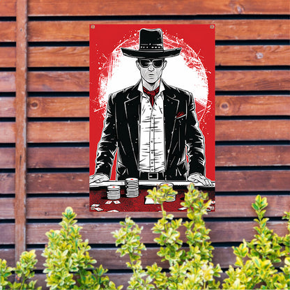 Stoere cowboy met pokerchips in zwart-wit tuinposter