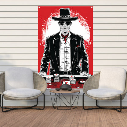 Stoere cowboy met pokerchips in zwart-wit tuinposter