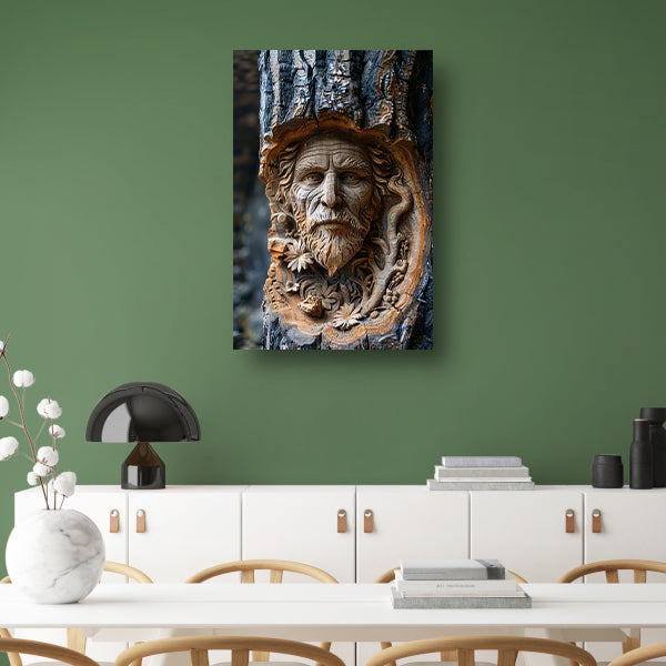 Houtsnijwerk van een gezicht in een boomstam canvas met baklijst