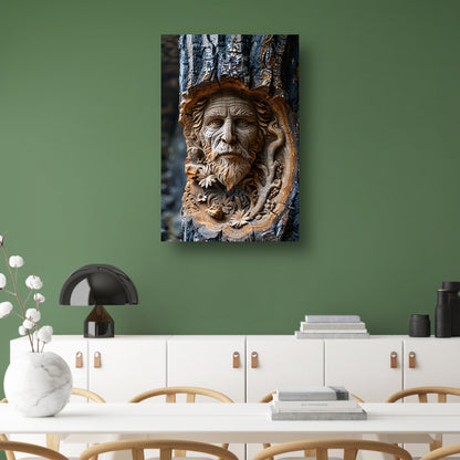 Houtsnijwerk van een gezicht in een boomstam canvas met baklijst