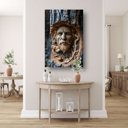 Houtsnijwerk van een gezicht in een boomstam poster