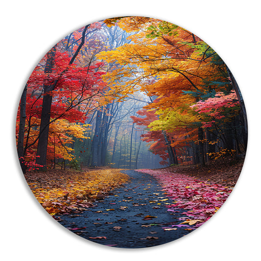 Kronkelend Bospad in Herfstkleuren aluminium muurcirkel