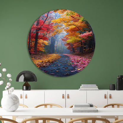 Kronkelend Bospad in Herfstkleuren aluminium muurcirkel