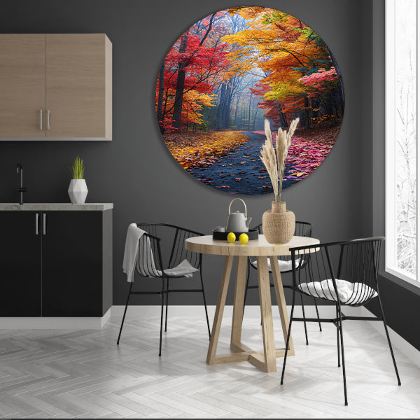 Kronkelend Bospad in Herfstkleuren aluminium muurcirkel