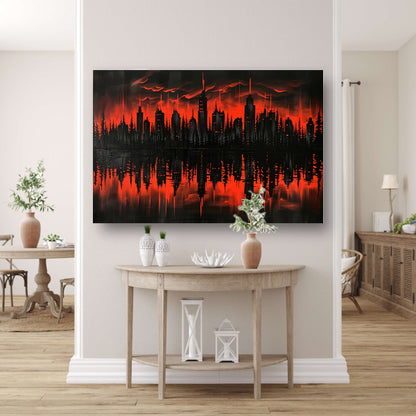 Rood-zwarte stadssilhouet bij zonsondergang poster