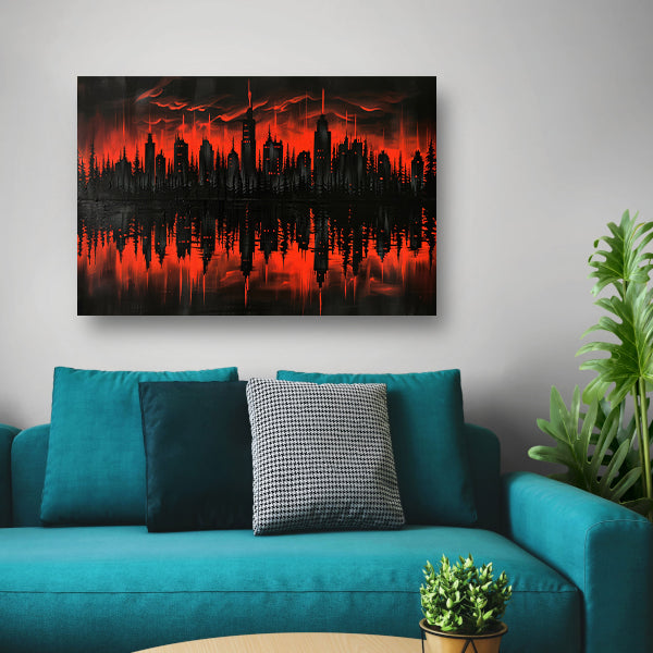 Rood-zwarte stadssilhouet bij zonsondergang acrylglas