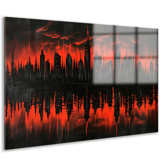 Rood-zwarte stadssilhouet bij zonsondergang acrylglas