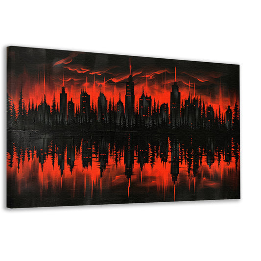 Rood-zwarte stadssilhouet bij zonsondergang canvas
