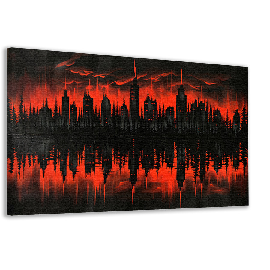 Rood-zwarte stadssilhouet bij zonsondergang canvas
