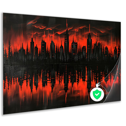 Rood-zwarte stadssilhouet bij zonsondergang poster