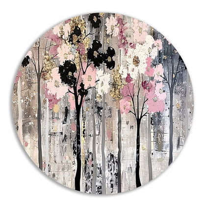 Abstracte moderne bomen met bloemen aluminium muurcirkel