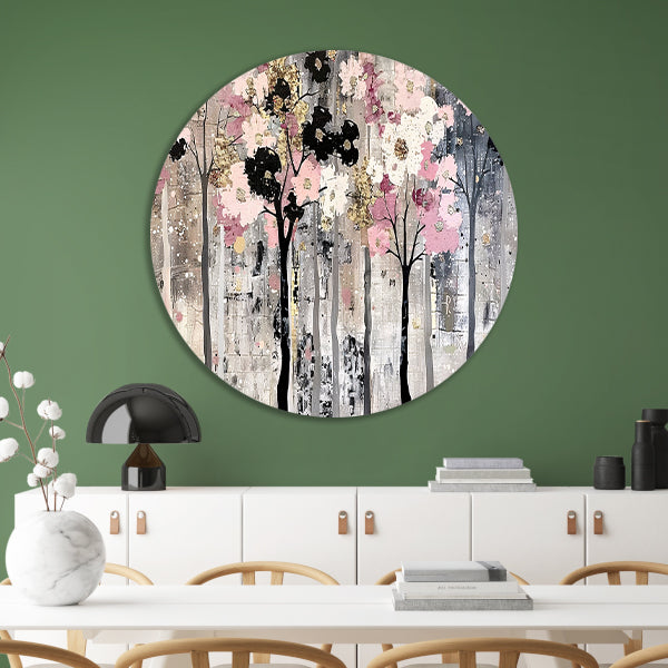 Abstracte moderne bomen met bloemen aluminium muurcirkel