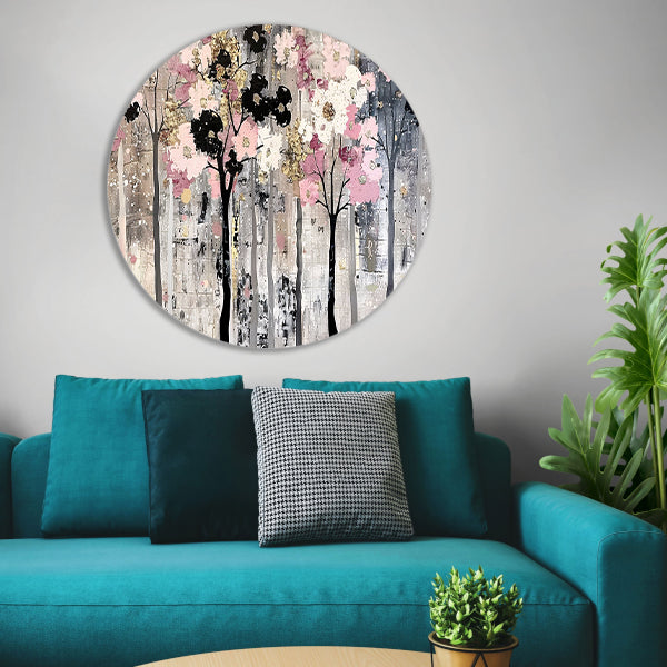 Abstracte moderne bomen met bloemen aluminium muurcirkel