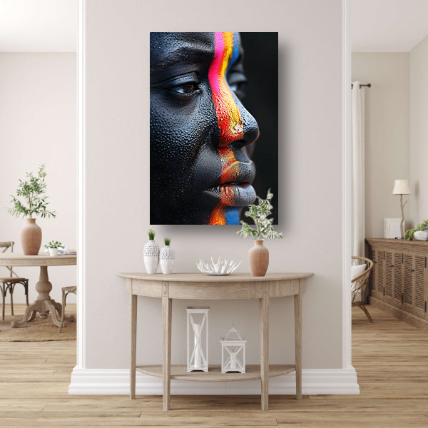 Dynamisch Gezicht met Kleurrijk Regendruppels canvas met baklijst