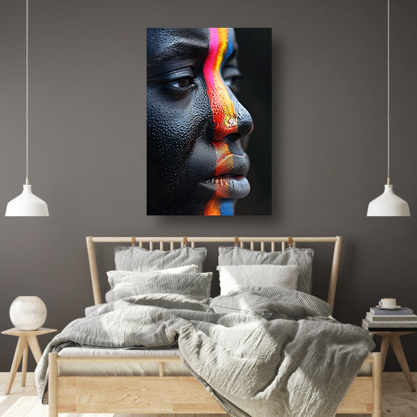 Dynamisch Gezicht met Kleurrijk Regendruppels canvas met baklijst