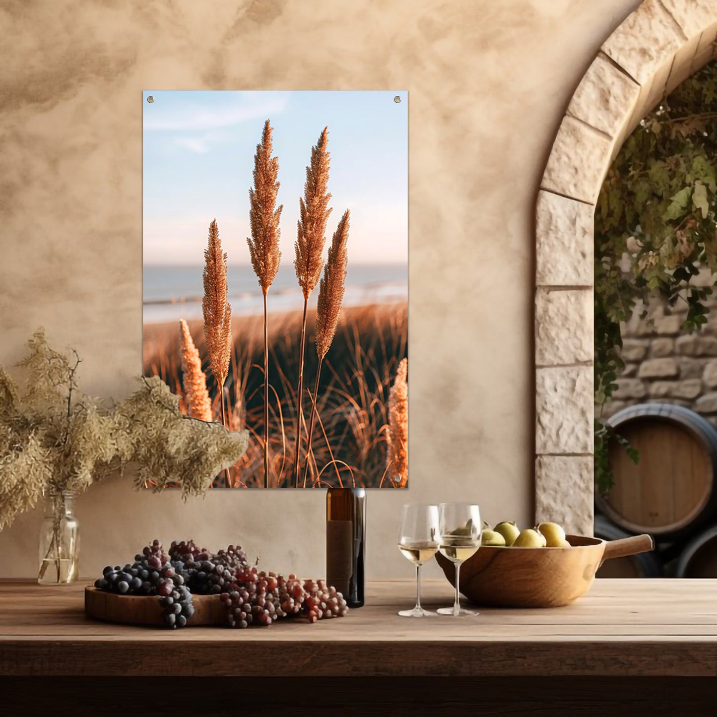 Gouden Grashalmen bij Zee in Zonsondergang tuinposter