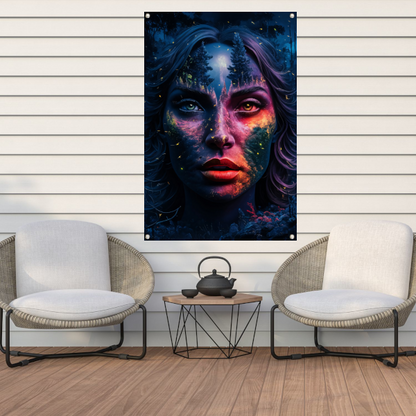 Surrealistisch portret met boslandschap tuinposter