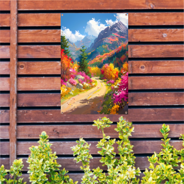 Kleurrijk herfstlandschap met bloemen en bergen tuinposter