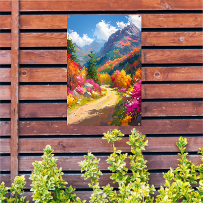 Kleurrijk herfstlandschap met bloemen en bergen tuinposter