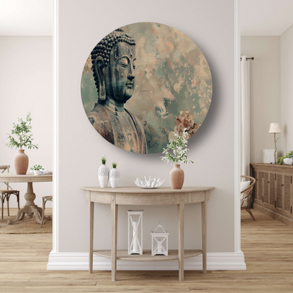 Serene Boeddha met bloemen in sepia aluminium muurcirkel