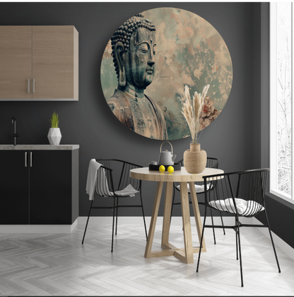 Serene Boeddha met bloemen in sepia aluminium muurcirkel